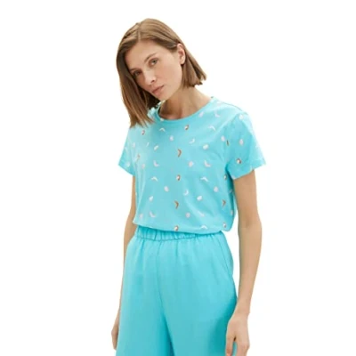 Abbildung von TOM TAILOR Damen Sommer T Shirt aus Baumwolle,31883 Turquoise Abstract Dot Print,XS