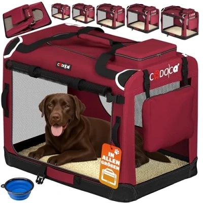 Abbildung von CADOCA® Hundebox faltbar Transportbox XXL 90x60x66cm robust atmungsaktiv Transporttasche Auto Rückbank Haustiertransportbox Hundetragetasche Dunkelrot