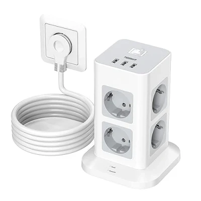 Abbildung von TESSAN Steckdosenleiste Flachstecker, 8 Fach Mehrfachsteckdose mit 3 USB, Verlängerungskabel Flachstecker 2M, Mehrfachstecker Überspannungsschutz, Steckdosenturm und Schalter für Zuhause, 3600W