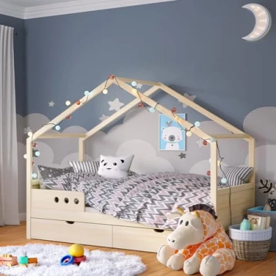 Abbildung von Bellabino Hausbett Bela (Kinderbett 90x200 cm, mit großer Schublade, natur), inkl. Rausfallschutz und Lattenrost, aus Kiefer Massivholz
