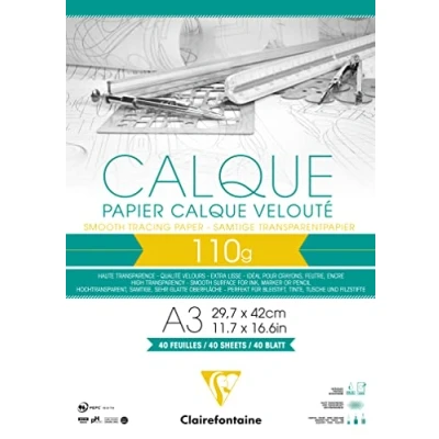 Abbildung von Clairefontaine 975107C Block Transparentpapier (DIN A3, 29,7 x 42 cm, 40 Blatt, 110 g, ideal für technische Zeichnen) transparent