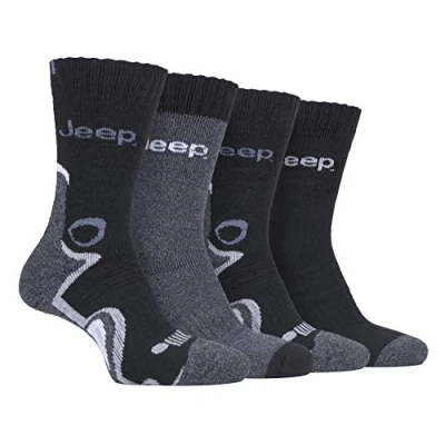 Abbildung von Jeep 4er Pack Herren Trekkingsocken Wandersocken mit Gepolstert Antiblasen Polsterung Funktionssocken Bunt Muster Socken (39 45, Holzkohle/Schwarz)