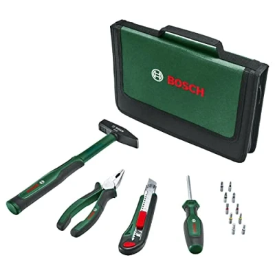 Abbildung von Bosch Easy Starter Handwerkzeug Set, 14 teilig (Einstiegs Werkzeug Set für allgemeine Haushalts und Heimwerkerarbeiten; Kombizange, Schraubendreher, Cuttermesser, Hammer; 10 Bits)
