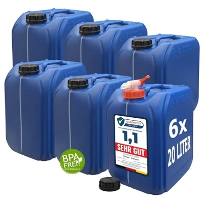 Abbildung von plasteo® 6er Set: 20 L Kanister Wasserkanister Blau inkl. Deckel und 1 x Auslaufhahn BPA Frei Lebensmittelecht Camping Tragbar Indoor Outdoor Made in Germany