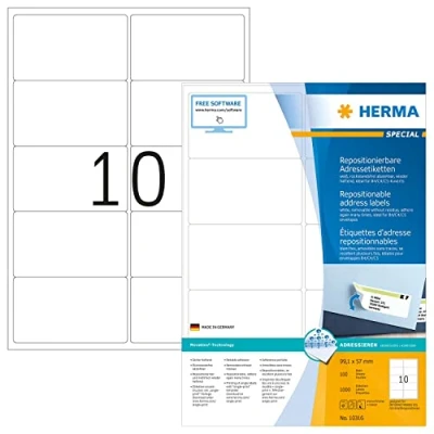 Abbildung von HERMA 10316 Universal Etiketten ablösbar, 100 Blatt, 99,1 x 57 mm, 10 pro A4 Bogen, 1000 Stück, selbstklebend, bedruckbar, matt, blanko Papier Klebeetiketten Aufkleber, weiß