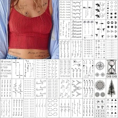 Abbildung von Everjoy realistische Tattoos 60 Stück, wasserdichte Zitate, Wörter, Linien, Blumen, Blätter, Kunstwerke für Kinder, Erwachsene, Frauen und Männe