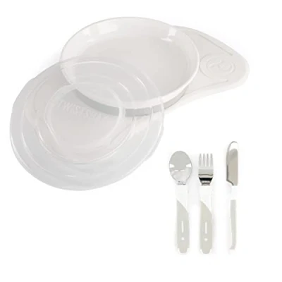 Abbildung von Twistshake Babygeschirrset mini + Besteck Baby Saugteller Platzset (31x17cm) Aus Rostfreiem Stahl 12m+ BPA Frei Esslernteller Weiß