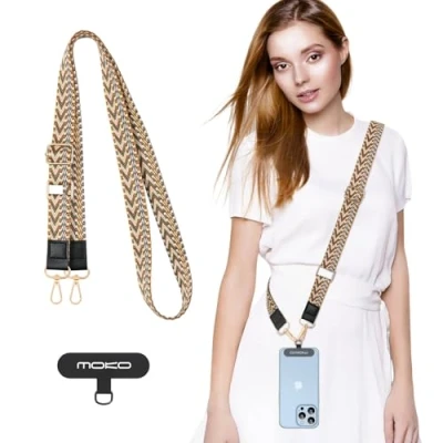 Abbildung von MoKo Universal Handy Lanyard, geflochtene Handykette, Umhängeband, Diebstahlschutz, abnehmbares Damen Lanyard um den Hals mit Patches für iPhone, die meisten Smartphones Khaki