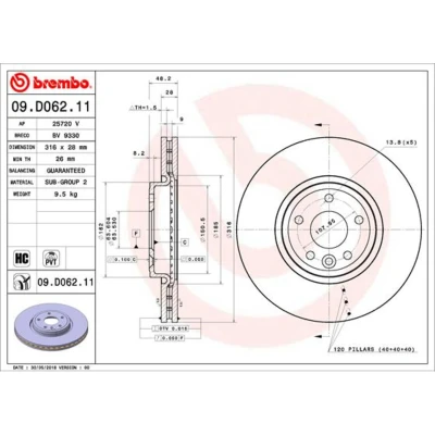 Abbildung von BREMBO 09.D062.11 Bremsscheibe 316 28 5 innenbelüftet beschichtet hochgekohlt JAGUAR: