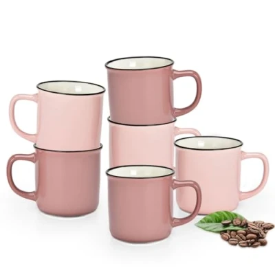 Abbildung von matches21 HOME &amp; HOBBY Tasse Kaffeebecher 6er Set Emaille Optik einfarbig Pastellfarben, Porzellan, Tee Kaffee Becher, modern Vintage, alt rosa pink, 330 ml