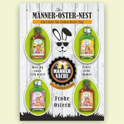 Abbildung von Osterkalender für Erwachsene Männer Osternest Sexy Hasen mit Kräuterlikör Schnaps Likör und Flaschenöffner Männersache zu Ostern lustiges Ostergeschenk Kalender Frohe