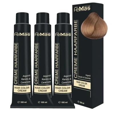 Abbildung von FemMas Haarfarbe 3x Lichtblond Gold 9.3 I Professionelle Creme mit Arganöl, Keratin &amp; Ceramiden Als dauerhafte Haarfärbung oder Tönung für strahlende, haltbare Farbergebnisse 100 ml