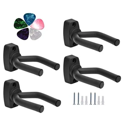 Abbildung von Gitarren Haken Gitarrenständer Wand Halterung 4 Stück für Akustikgitarre, klassische Gitarre, E Bass, Ukulele(5 Pack Gitarre Plektrum Plektron Picks)
