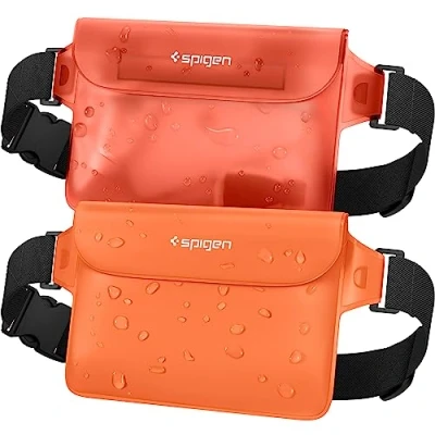 Abbildung von Spigen Aqua Shield wasserdichte Tasche [2 Stück] Beutel Bauchtasche Handytasche Gürteltasche Handyhülle Unterwasser Strand für Wassersport Schlitten Sunset Orange