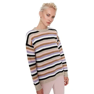 Abbildung von TRENDYOL Damen Striped Oversized Crew Neck Jumper Sweatshirt, Beige, S EU