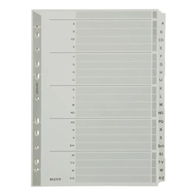 Abbildung von Leitz Register für A4, Deckblatt und 20 Trennblätter, Taben mit alphabetischem Aufdruck A Z, Lochrand bunte folienverstärkt (Mylar), Grau, Karton, 43280000