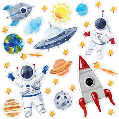 Abbildung von Aufkleber Set mit 31 Weltall I DIN A4 Bogen Sonne Mond und Sterne Rakete Astronauten Planeten für Handy Kinder Geburtstag Zimmer Schultüte Scrapbooking kfz667