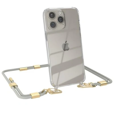 Abbildung von EAZY CASE Handykette mit Karabiner kompatibel iPhone 15 Pro Max Hülle Silikon transparente Handyhülle für Kette zum Umhängen Schutzhülle in Taupe Clips Gold