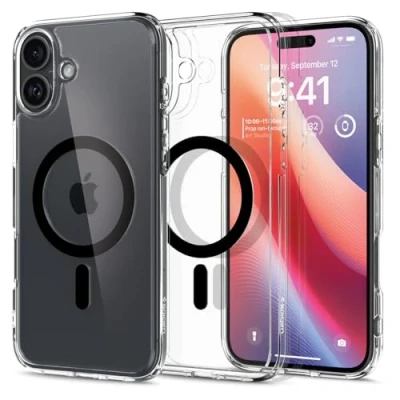Abbildung von Spigen für iPhone 16 Plus Hülle [Anti Yellowing] Ultra Hybrid MagFit Case Handyhülle Transparent Dünn Slim Kompatibel mit MagSafe Schwarz
