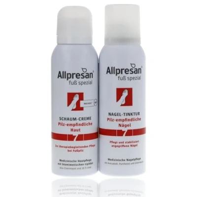 Abbildung von Allpresan Fuß spezial Nr. 7 Pilz empfindliche Haut SET aus Schaum Creme 125ml und Nageltinktur zur täglichen oder therapiebegleitenden Pflege bei zu Fußpilz/Nagelpilz neigender