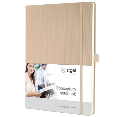 Abbildung von SIGEL CO640 Premium Notizbuch kariert, A4, Hardcover, 194 nummerierte Seiten, beige, nachhaltiges Papier, mit Inhaltsverzeichnis, Stiftschlaufe, Falttasche, Gummibandverschluss, Conceptum