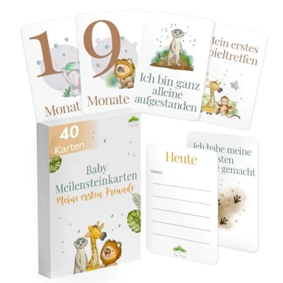 Abbildung von Tiny Trees® Meilensteinkarten Baby I Dschungel Stil Meilenstein Karten als Geschenk zur Geburt &amp; Babyparty Geschenkidee für werdende Mütter 40 Fotokarten Inkl. Geschenkbox Jungen Mädchen