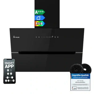 Abbildung von KKT KOLBE Dunstabzugshaube 60 cm 782 cbm/h Umluft Abluft Kopffrei Wandhaube Schwarz Glas Smart WiFi App WLAN RGBW LED Beleuchtung ECCO6005SM
