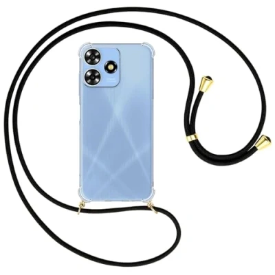 Abbildung von mtb more energy® Handykette kompatibel mit ZTE Blade A73 4G schwarz/Goldfarbene Ösen Smartphone Hülle zum Umhängen Anti Shock Full TPU Case
