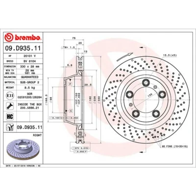 Abbildung von BREMBO Bremsscheibe PORSCHE: 911 Coupe, Cabrio 28mm 5 gelocht/innenbel. beschichtet hochgekohlt mit Schrauben 09.D935.11 91135240200,99135240200