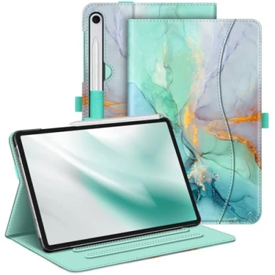 Abbildung von Fintie Hülle für Samsung Galaxy Tab S9 FE 10.9 Zoll/Tab 11 Zoll 2023 Tablet, Multi Winkel Folio Schutzhülle mit Dokumentenfach und Auto Schlaf/Wach Funktion, Smaragd Marmor