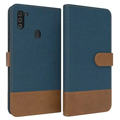 Abbildung von EAZY CASE Tasche kompatibel mit Samsung Galaxy M11 Stoff Schutzhülle Standfunktion Klapphülle im Bookstyle, Handyhülle Cover Magnetverschluss und Kartenfach, Kunstleder, Dunkel Blau