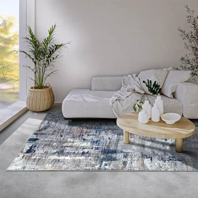 Abbildung von ELLE Decoration Malard Teppich Moderner Abstrakter Rutschfester Design Kurzflor für Schlafzimmer, Esszimmer, Wohnzimmer, Flur, Küche Dunkelblau Beige, 80x150cm