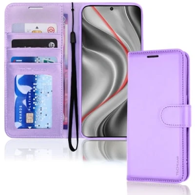 Abbildung von TECHGEAR Galaxy S24 5G Leder Hülle, PU Flip Case Schutzhülle Ledertasche [Brieftasche] Handyhülle mit Ständer und Handschlaufe Beutel Hülle Kompatibel Samsung Violett