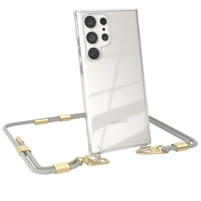 Abbildung von EAZY CASE kombinierbare Handyketten kompatibel mit Samsung Galaxy S23 Ultra, Transparente Silikon Hülle stylischen Umhängeband, Abnehmbarer Karabiner, Gurt zum wechseln, Taupe Clips Gold