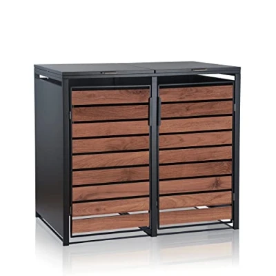 Abbildung von Zelsius Mülltonnenbox 2er Mülltonnen (B) 132 x (T) 80 (H) 117 cm Anthrazit RAL7016 Tür in dunkelbrauner Holzoptik mit Erweiterungsmöglichkeit Mülltonnenverkleidung, Garten Müllbox