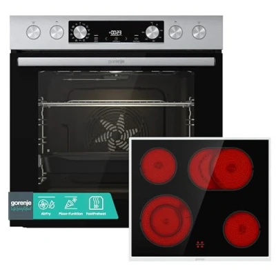 Abbildung von Gorenje Einbauherd Set Heißluft Inox 4 mit Glaskeramik Kochfeld / 77 Liter ExtraSteam GentleClose &amp; Open EcoClean AirFry PizzaMode PerfectGrill Teleskopauszüge Look