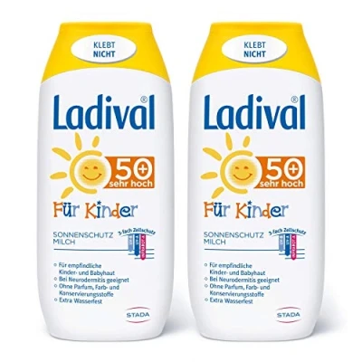 Abbildung von Ladival Kinder 2 x Sonnenmilch LSF 50+ Parfümfreie Sonnenschutzlotion für ohne Farb und Konservierungsstoffe wasserfest 200 ml, keine, 400 milliliter