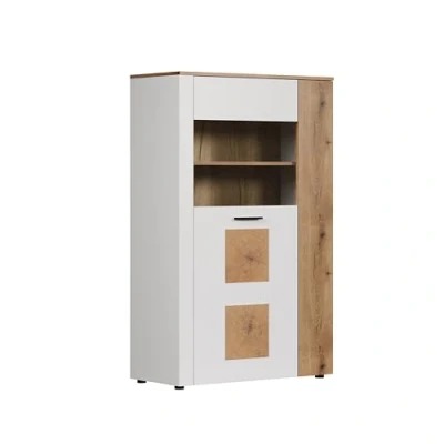 Abbildung von trendteam smart living Vitoria Glasvitrine Weiß matt/Eiche Vitrinenschrank mit Hirnholzapplikationen (BxHxT) 90 x 146 42 cm Wohnzimmervitrine vertauschbaren Türen