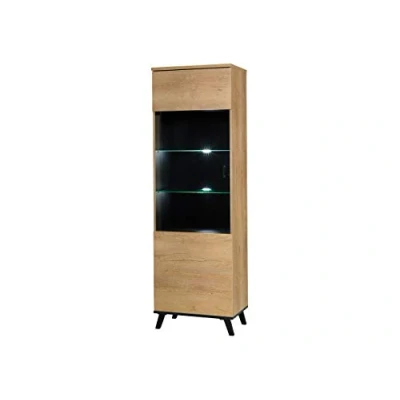Abbildung von Vitrine John JN02, Praktischer Standvitrine, Vitrinenschrank, Stauraumvitrine, Wohnzimmer, Glasvitrine, Hochschrank, Standvitrine (Seite: Links, Eiche Lefkas / Schwarz, mit weißer LED Beleuchtung)