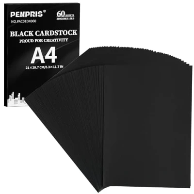 Abbildung von 300gsm Schwarzer Kartonpapier 60 Blatt A4 Größe Cover Card Stock 110lb Heavyweight Papier dickes für DIY Kartenherstellung, Einladungen, Postkarten, Visitenkarten, PAC01BK060