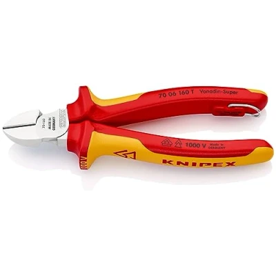Abbildung von KNIPEX Seitenschneider isoliert mit Mehrkomponenten Hüllen, VDE geprüft; integrierter isolierter Befestigungsöse zum Anbringen einer Absturzsicherung verchromt 160 mm 70 06 T BK
