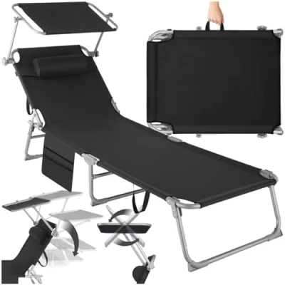 Abbildung von tectake® Sonnenliege klappbar, tragbar, Liege mit Seitentasche, Strandliege, Gartenliege Dach, Liegestuhl Verstellbarer Rückenlehne, inkl. Kopfkissen für Balkon, Terrasse, Camping schwarz