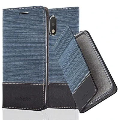 Abbildung von Cadorabo Hülle kompatibel mit Motorola Moto G4 / Plus aus Jeans und Kunst Leder Flip Klappbare Magnetische [Standfunktion] [Kartenfächern] Cover für Tasche in Blau