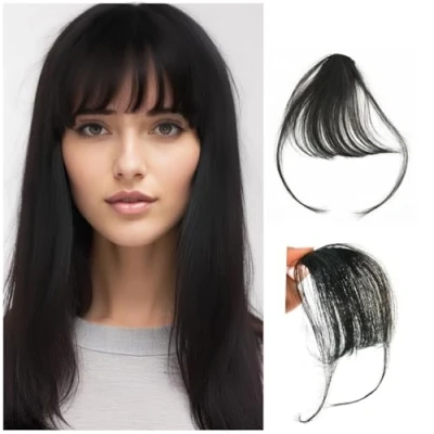 Abbildung von Clip in Bangs One Piece Pony Haare 100% Remy Human Haar für Frauen und Mädchen (Wispy Bangs,Natural Black)