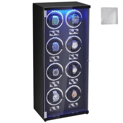 Abbildung von VEVOR Uhrenbeweger, Automatik Watch Winder, Uhrenbeweger für Automatikuhren, Automatischer mit Platz 8 Uhren, LED Beleuchtung, 150207 mm Einstellbar Riemenlänge