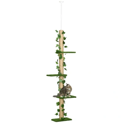 Abbildung von PawHut Kratzbaum Katzenkratzbaum Deckenhoch, 202 242 cm, Kletterbaum, höhenverstellbar, mit Kippschutz, Jute, Grün+Gelb