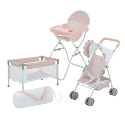 Abbildung von Olivia&#039;s Little World Polka Dot Princess Baby Doll 3pc Nursery Set Crib, High Chair &amp; Stroller, Pink Gray