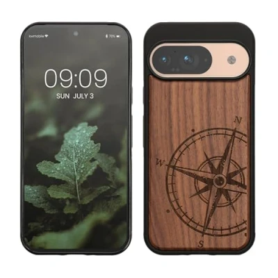 Abbildung von kwmobile Hülle kompatibel mit Google Pixel 9 / Pro Holz Case Handy Cover TPU Handyhülle in Dunkelbraun Kompass Vintage
