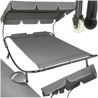 Abbildung von tectake Sonnenliege, Doppelliege, Outdoor Liege für 2 Personen, Gartenliege mit Sonnendach, Relaxliege, Sonnenliege Dach, inkl. Kissen, ideal Garten oder Balkon schwarz/grau
