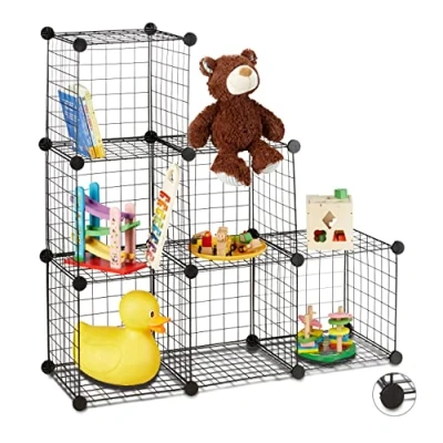Abbildung von Relaxdays Regalsystem Drahtgitter, 6 Fächer, Offenes Steckregal, verschiedene Größen, DIY Stufenregal Würfel, schwarz